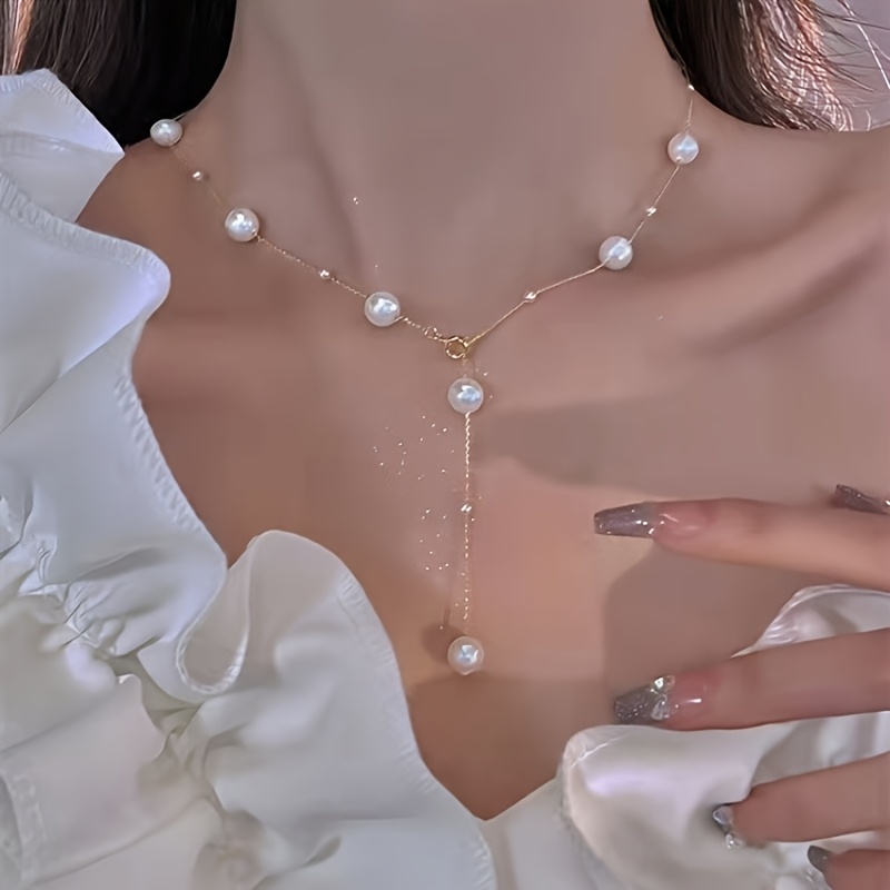 Women's Luxurious Long Imitation Pearl Necklace, Elegant Design